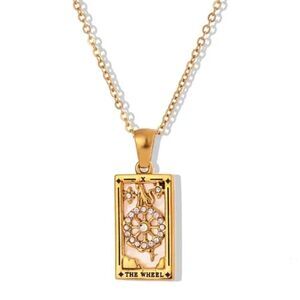 18K Gold Plated Stainless Steel Zircon Crystal "The Wheel" Tarot Card Necklace
